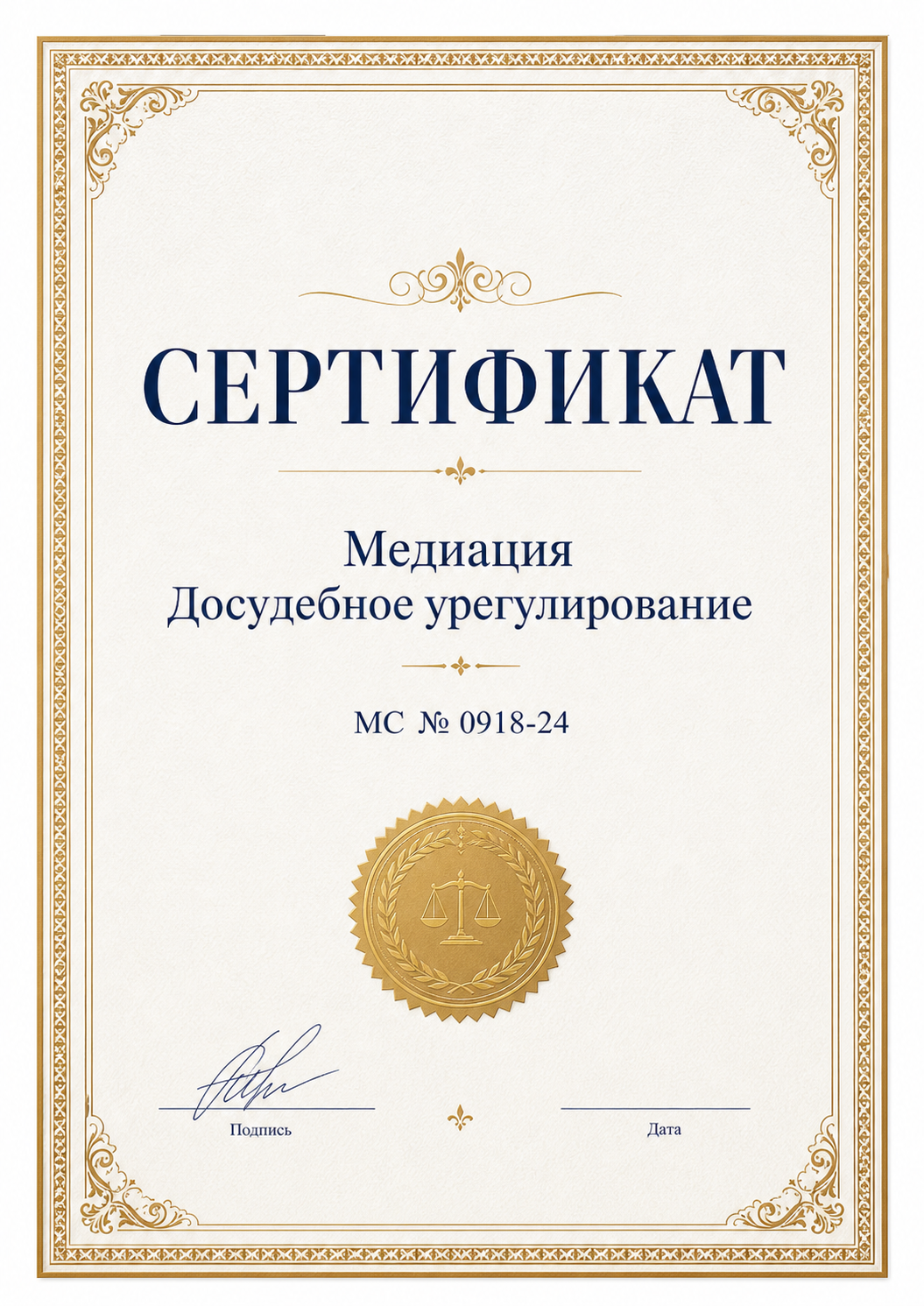 Пример сертификата по медиации